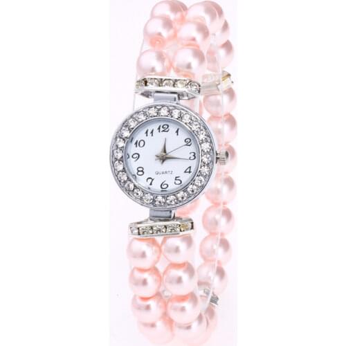 Crystal Watch Fashion Women Watch Pearl String Watch Strap Quartz Bracelet Watch models Female Clock Ladies round elastic strap