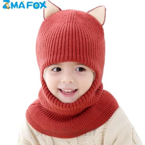 ZMAFOX Children Winter Hat Hooded Cap Baby Boys Girls Balaclava Beanie Hats Lovely Kids Velvet Knitted Siamese Caps Neck Warmer