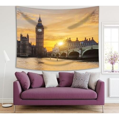 Tapestry Big Ben and Westminster Bridge Sunset at London, UK Historic Capital City Evening View Yellow Brown