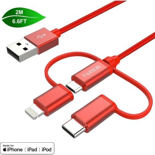 Foxsun USB Cable For iPhone X/8/7/6 MFI Certified 3 in 1 Data Cable Nylon Braid For Type-c Micro Android Mobile Phone Cable 2m