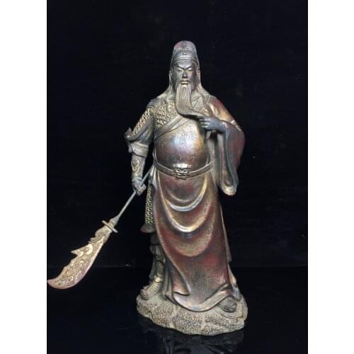 16"Chinese temple collection Old Bronze Cinnabar Lacquer Guan Yu Guan Yunchang Statue Take Guan Gong Knife Enshrine the Buddha