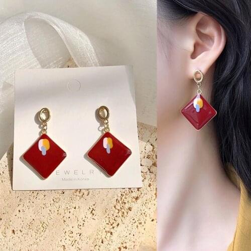 Classic Red Colorful Graffiti Square Rhombus Acrylic Pendent Drop Earrings for Women Girl Kid Ear Jewelry 2021 New Arrival Trend