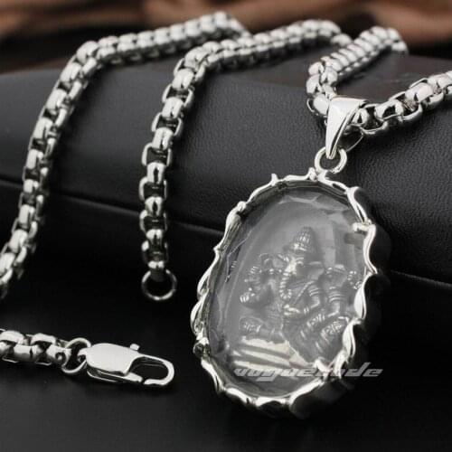 LINSION Ganesh Hindu Lord God 925 Sterling Silver Oval Glass-Covered Charms Pendant 8N020