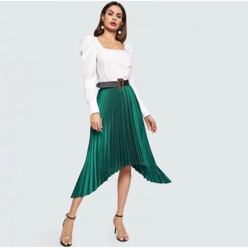 Fashion 2020 Asymmetrical Pleated Satin Skirts Women Zipper Mid Calf Emerald Green Lady Skirt High Street Female Saias New