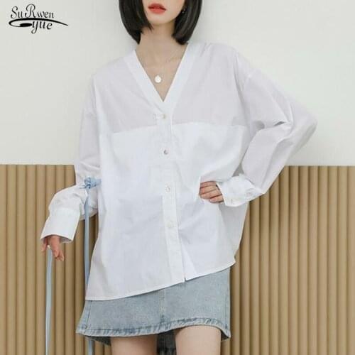 2021 Spring New Korean Loose Versatile Long Sleeve Shirt Simple Solid Cotton V-neck Niche Shirt Women White Blouse Blusas 12600