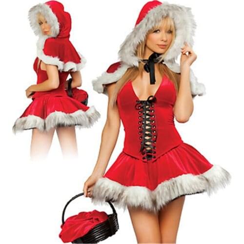2016 Sexy Christmas Costumes For Ladies Sleeveless Red Skirt Two Piece Stretch Velvet Hooded Faux Fur Trim Velvet Santa Claus