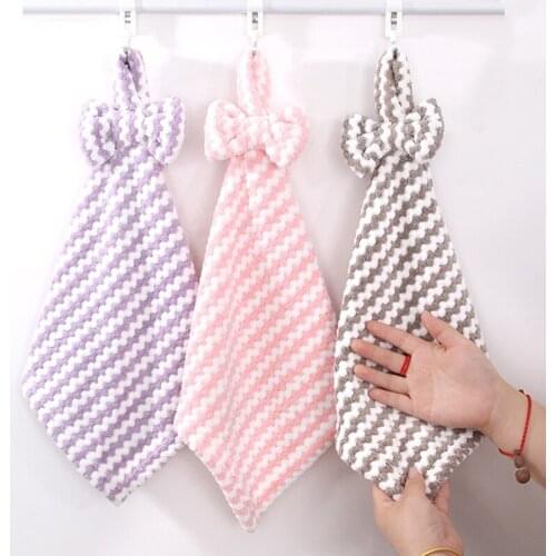 Striped Bowknot Coral Velvet Hand Towel Super Soft Absorbent Hanging Bathroom Kitchen Towel Cleaning Cloth Dishcloth 30x30cm 1PC