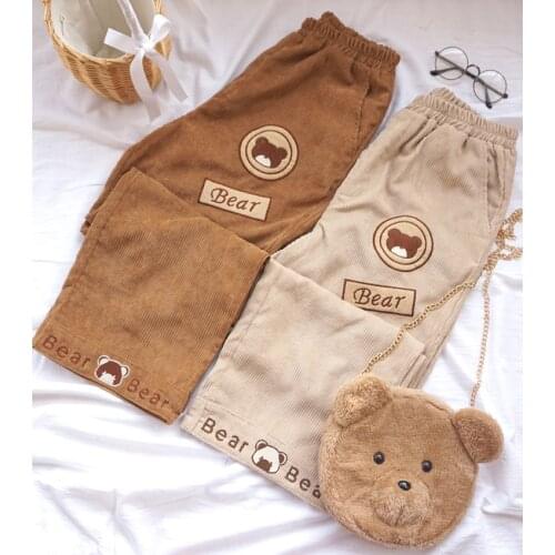 Japanese Sweet Preppy Style Cute Soft Sister Straight Corduroy Pants Kawaii Cartoon Bear Embroidery Straight Pants Students Girl
