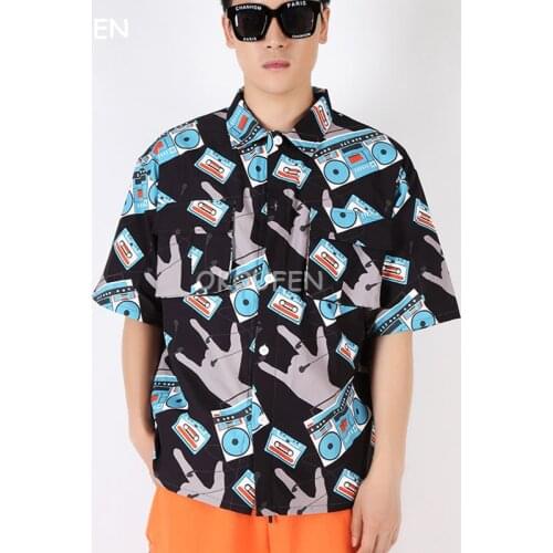 Nightclub male singer Print Short Sleeve Shirt Tides Boy Hip Hop Shirt fashion Summer Short Sleeve Shirt