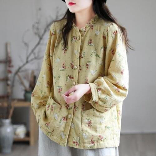 21Spring Shirts Women Retro Print Pockets Loose Single-Breasted Nine Quarter Sleeve Female Wild Tees Fashion