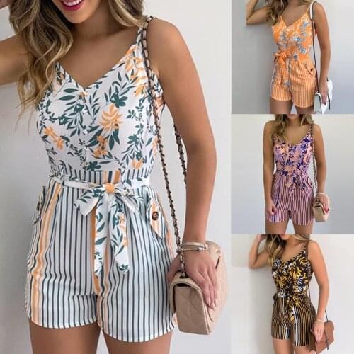 Sexy V-neck Spaghetti Strap Floral Print Women Sashes Short Romper Playsuit Female Beach Sleeveless 2021 Fashion Casual Jumpsuit