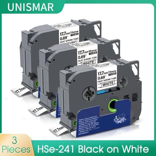 Unismar 3PK HSe-241 Black on White Heat Shrink Tubes Label Tape 17.7mm x 1.5m HSe 241 HSe HS 241 for Brother P-Touch Label Maker
