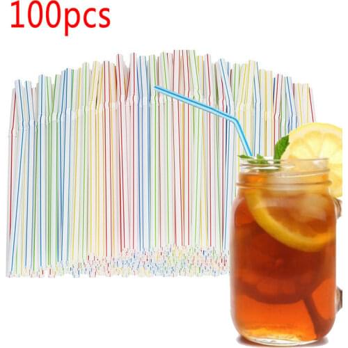 100pcs Disposable Straws Flexible Plastic Straws Striped Multi-Color Drinking Straws Bendy Black Straw Bar Party Supplies