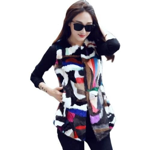 Women multi-color jacket ladies colorful long outwear overcoat New genuine mink fur sleeveless vest color Free Shipping F1030