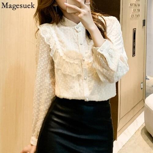 2021 Autumn Elegant Chiffon Lace Blouse Causal O-neck Long Sleeve Shirts Women Top Apricot Solid Button Blouses Blusas 16979