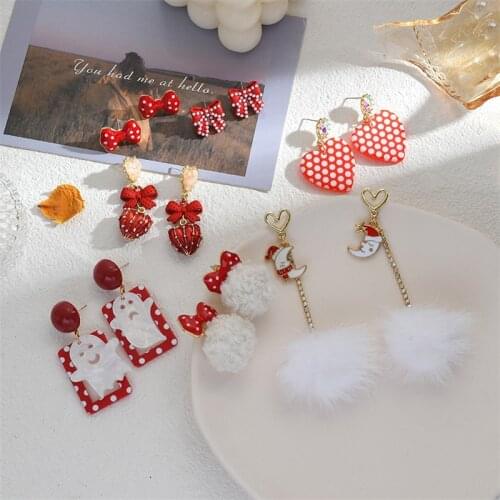 2021 New Korean Cute Red Acrylic Moon Heart Bows Dangling Earrings Women fashion Accessories Gift To Girlfriend Jewelery