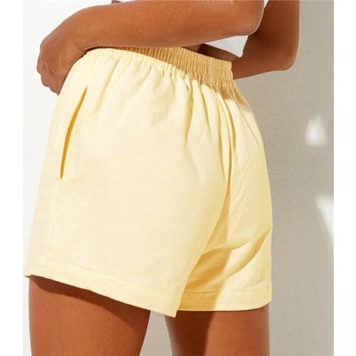 Women Loose Style Shorts Fashion Solid Color Elastic High Waist Sweatpants with Pockets Black/ White/ Beige/ Brown