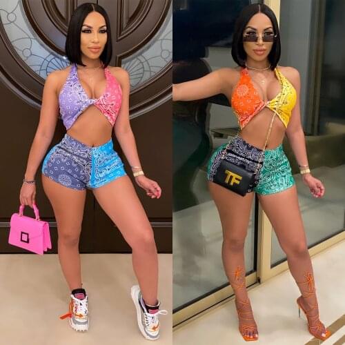 Women Two-Piece Clothes Set Casual Irregular Printed Pattern Crop Tops + Shorts Yellow/ Pink Unique Style Refined Eye-Catching