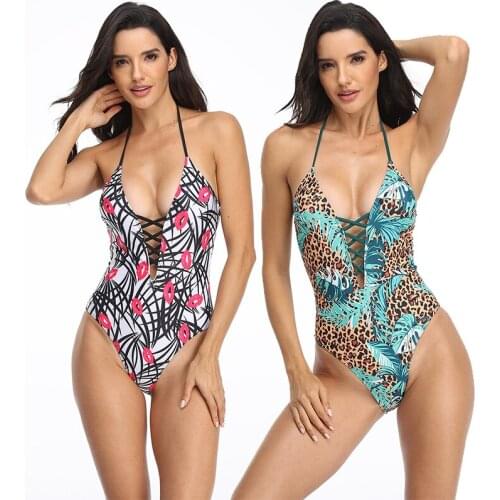 Leopard One-piece Swimsuit Women Backless Deep V Lace Up Sexy Bodysuits Bikini 2021 New Beach Bathing Suit Female Swimwear