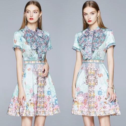 New Summer Runway Vintage Print Ruffed Bow Tie Neck Short Sleeve Empire Waist Women Ladies Party Casual Party A-Line Midi Dress