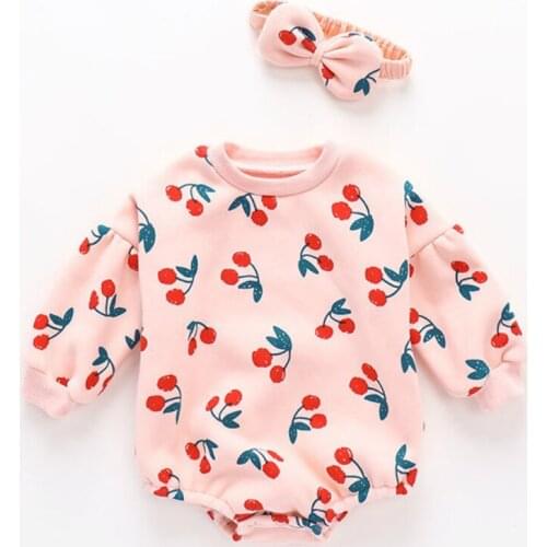 2020 New Cute BABY Newborn Baby Cherry Girl Clothes Set Long Sleeve Hoddies Romper +headband Clothes Autumn Winter Wear 0-18m