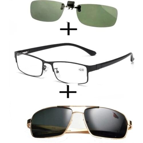 3Pcs!!! Rectangular Metal Business Reading Glasses Men Women + Polarized Sunglasses Sports Driving Fishing + Sunglasses Clip