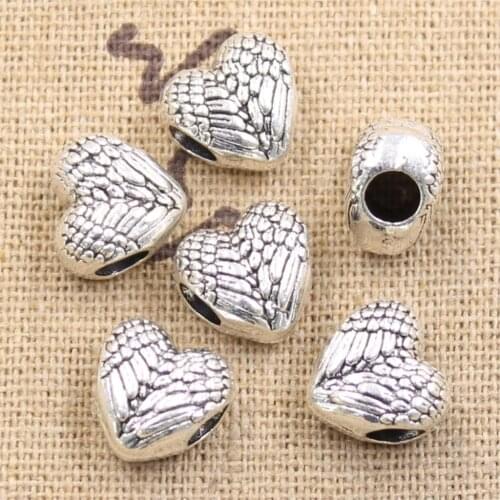 4pcs 11x8x11mm Heart Angel Wings 4.5mm Big Hole Bead Antique Silver Color Beads Charms Fits Diy Charms Bracelet Jewelry Beads