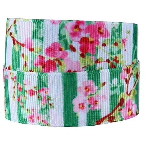 50Y/lot) New floral with green stripe printing grosgrain ribbons