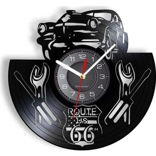 U.S. Route 66 Sign Monther Road Vinyl Record Clock Car Garage Decor U.S. Highway 66 Cut Out Longplay Wall Clock Mancave Artwork