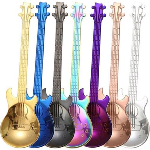Guitar Pattern Round Head Long Handle Spoon 7PCS Stainless Steel Musical Coffee Spoon Teaspoon Tableware Drinking Tools Gadget