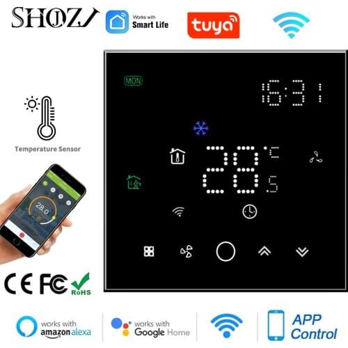 Wireless Controller Smart Thermostat Wifi for 4 Pipe Heating and Cooling Temperature 3 Speed Fan Coil Unit With Alexa Google
