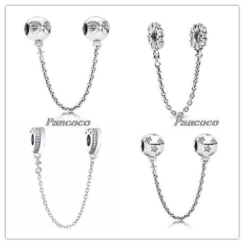 925 Sterling Silver Charm Clear Sparkle Safety Chain Charm Beads Fit Women Pandora Bracelet & Necklace Diy Jewelry