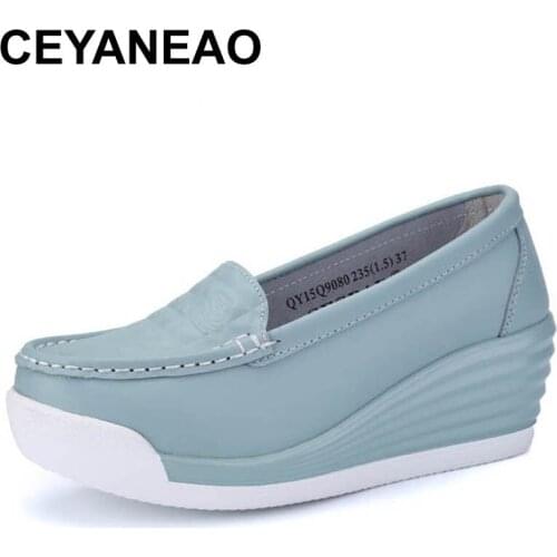 CEYANEAO Genuine Leather Platform Wedges Shoes Ladies ShallowMouth Slip-on HighHeels WedgeShoes Fashion Cow Leather Mother Shoes