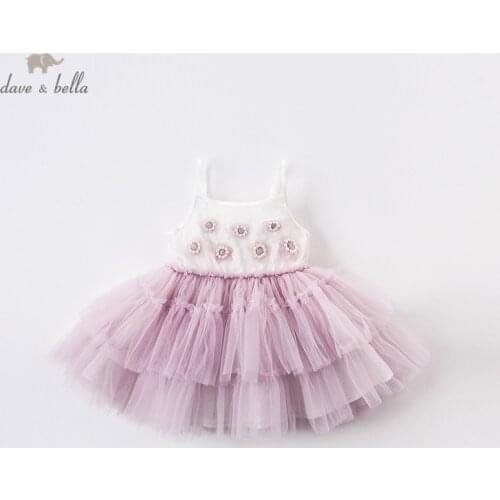 DB13477 dave bella summer baby girls cute floral mesh dress children fashion party dress kids infant lolita clothes