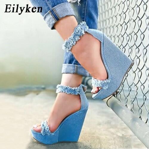 Eilyken 2021 New Summer Blue Denim Sandals High Heel Platform Wedges Sexy Zip Female Women Sandals Size 35-40