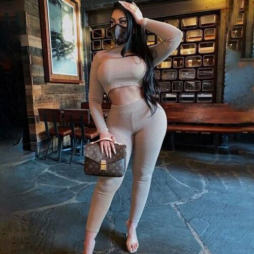 European and American Fashion Sexy Casual Womens High Collar Sleeve Tight T Shirt Waist Long Trousers Two Suit