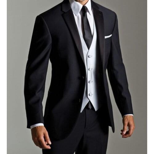 Fashion Custom High Quality Black Blazer With White Vest Slim Fit Groom Tuxedo For Wedding Travel Party Set (Jacket+Pants+Vest)