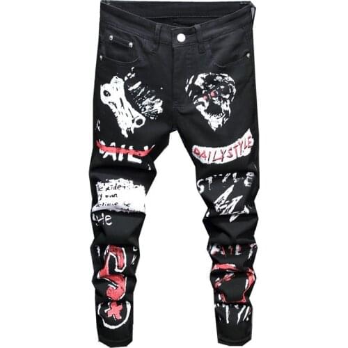 Mens 3D Digital Printing Skinny Jeans Men Fashion Graffiti Painting Hip Hop Pants Stretch Cotton Denim Black Trousers