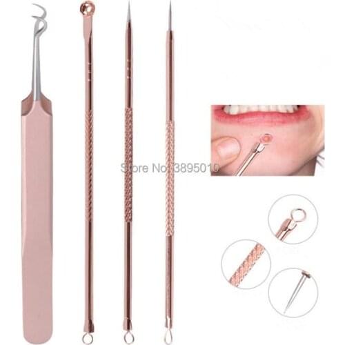 Rose Gold Blackhead Acne Pimple Extractor Kit Professional Stainless Steel Remover Clip Needle Tweezers Set Face Skin Care F1017