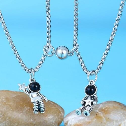 Cute Astronauts Magnet Attraction Pendant Couple Necklace Friendship Jewelry Creative Cool Chain Necklaces For Women Men Gift