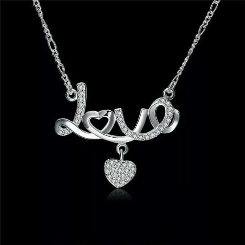 Crystal Love Heart Pendant Necklace LOVE Letter Necklace Silver Plated Women Necklace Jewelry Forever Love Name Anniversary Gift