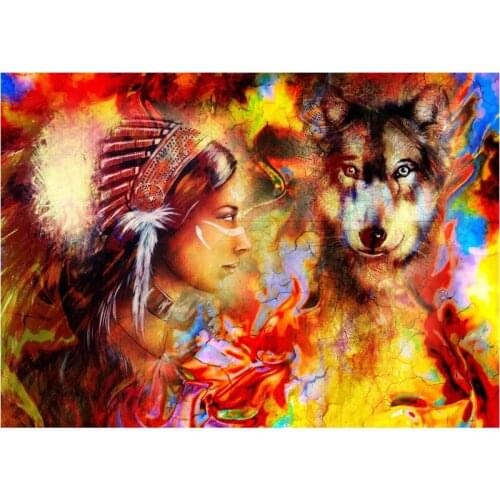 Full Sqaure DIY Diamond Embroidery indian woman and wolf 5D Diamond Painting Cross Stitch 3D Diamond Mosaic home Decoration