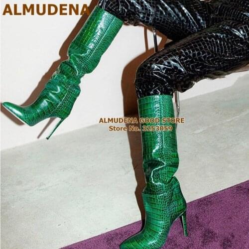 ALMUDENA Crocodile Pattern Knee High Boots Pointed Toe Stiletto Heel Boots Slip-on Runway Knight Boots Women High Heel Shoes