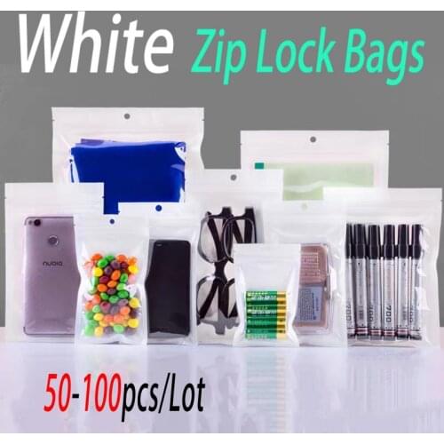 50-100pcs White/Clear Zip Lock Plastic Package Bags with Zipper Self Seal Transparent Ziplock Poly Small Packaging Bag Hang Hole