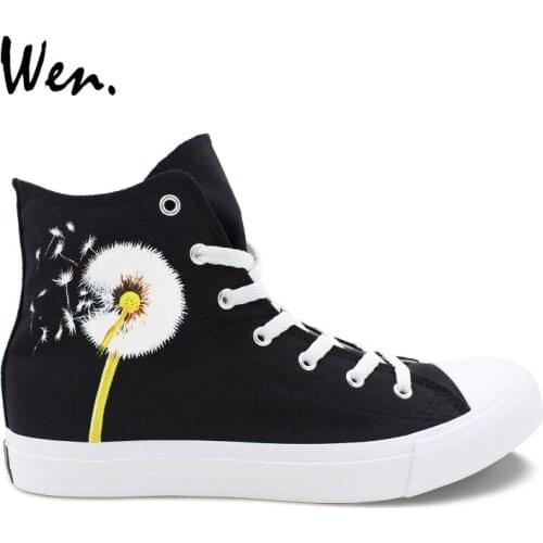 Wen Original Black Shoes Hand Painted Dandelion Falling Ground Design High Top Women Canvas Sneakers Men Shoes Skateboarding