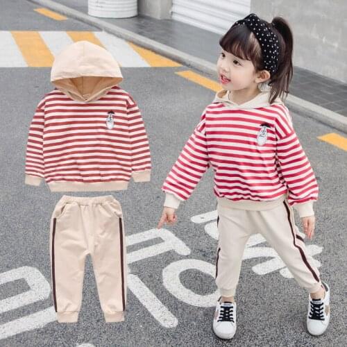 Spring And Autumn Clothing Suit Girls' Cotton Sweater Two Piece Set Cartoon Stripe ChildrenS Suit Leisure Hoodie Two Piece Set