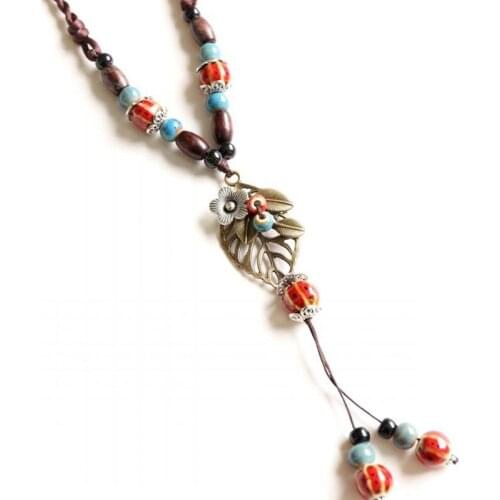Vintage Hollow Leaf Ceramic Watermelon Beads Long Tassel Pendants Necklace Flower Leaves Ethnic Wood Bead Charm Choker Jewelry