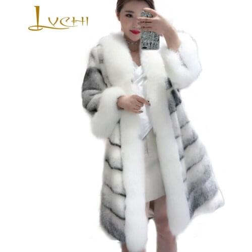 LVCHI 2019 Womens Cross Mink Coat Natural Fur Wave Cut Mink Coat Medium Three Quarter Loss Causal Striped Loss Mink Fur Coats