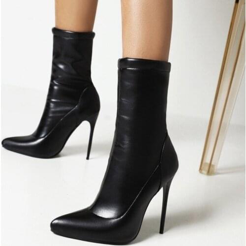 Shoes for women 2021 Autumn And Winter Fashion Black Leather Pointed Boots womens high Thin Heels Slip-On sexy plus size 34-48