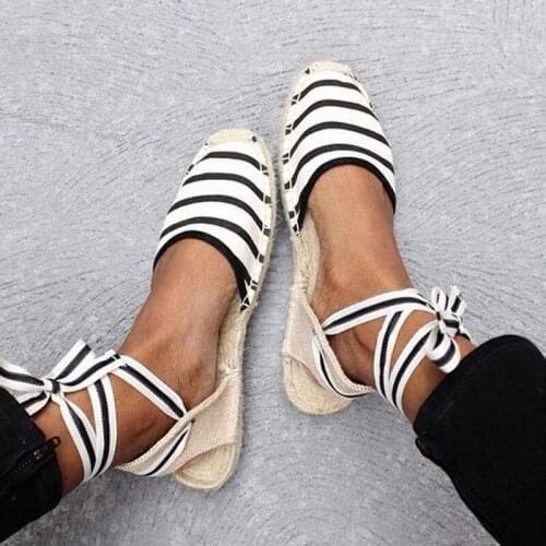 2021 Summer Women Espadrilles Stripe Lace up Women Flat Sandals Ankle Strap Platform Sandals Women Gladistor Sandals For Woman